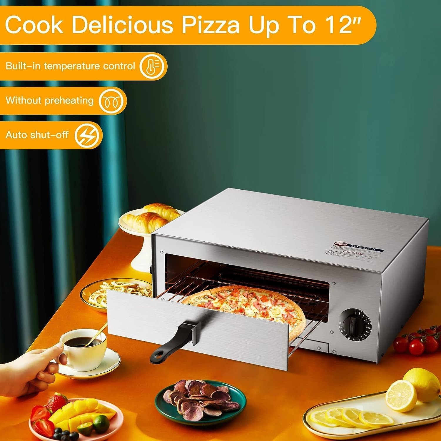 1450W Electric Pizza Oven 12 Inch Stainless Steel Pizza Oven Countertop with