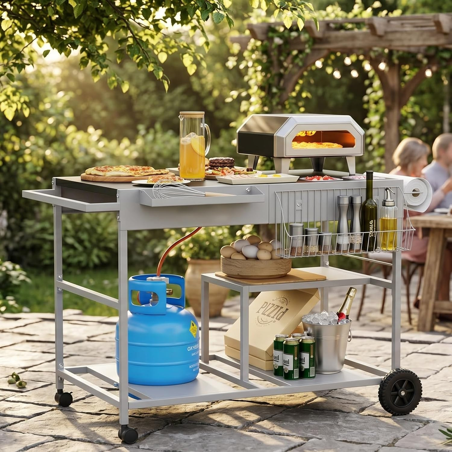 Vongrasig Pizza Oven Table with Topping Station, Patio Kitchen Island Outdoor Ba