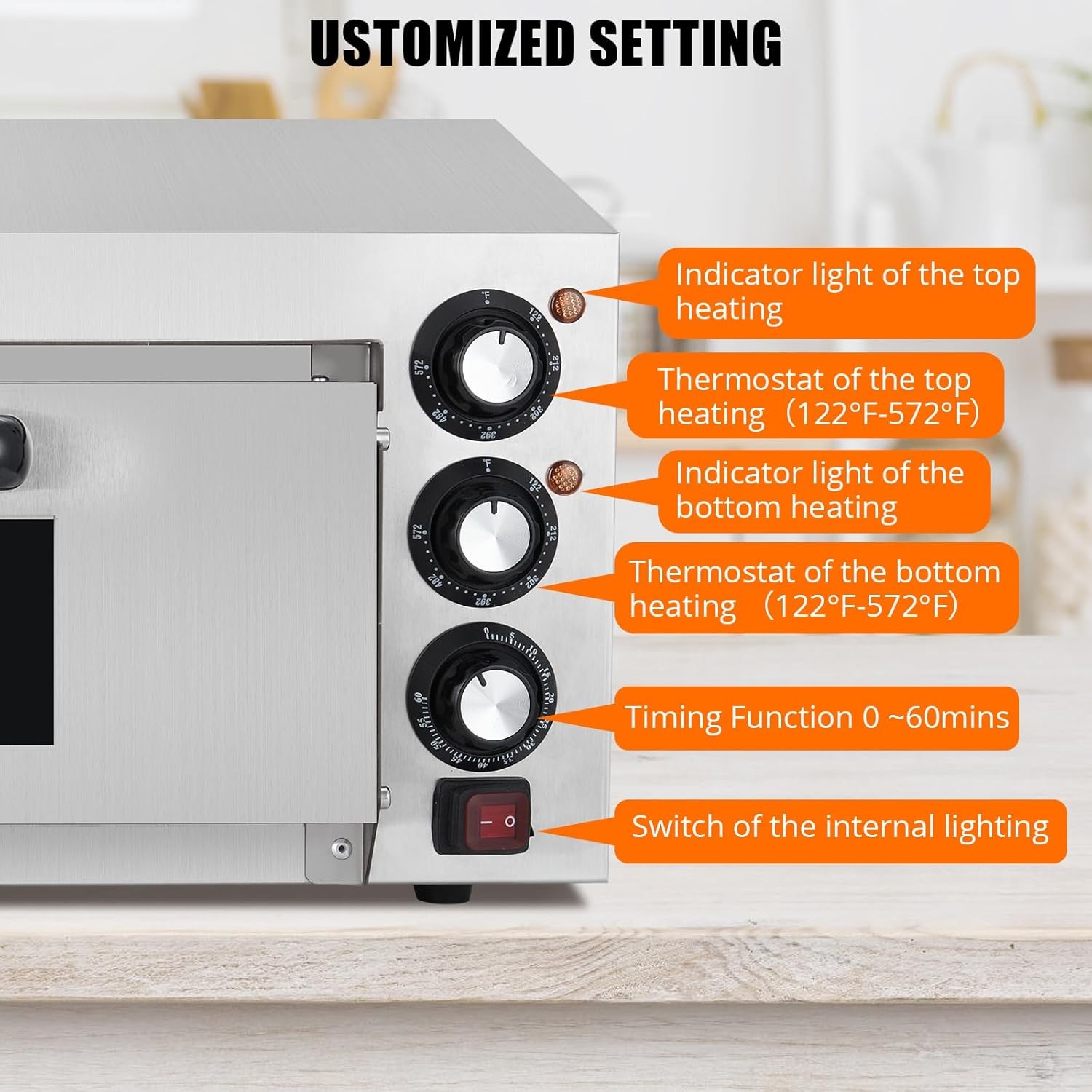 110V Electric Pizza Oven 1100W Dual Heating Timer Stainless Steel Removable Tray
