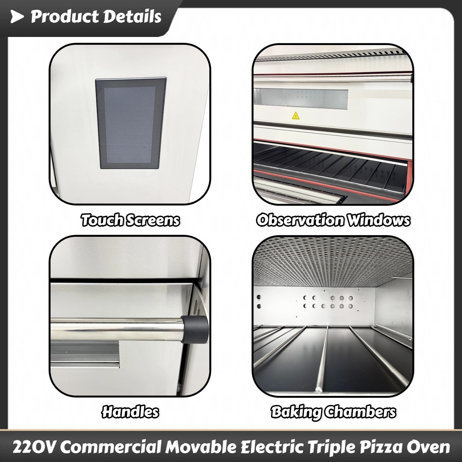 Commercial 220V 3PH Movable Electric 3-Layer Pizza Oven with LCD Touch Screen