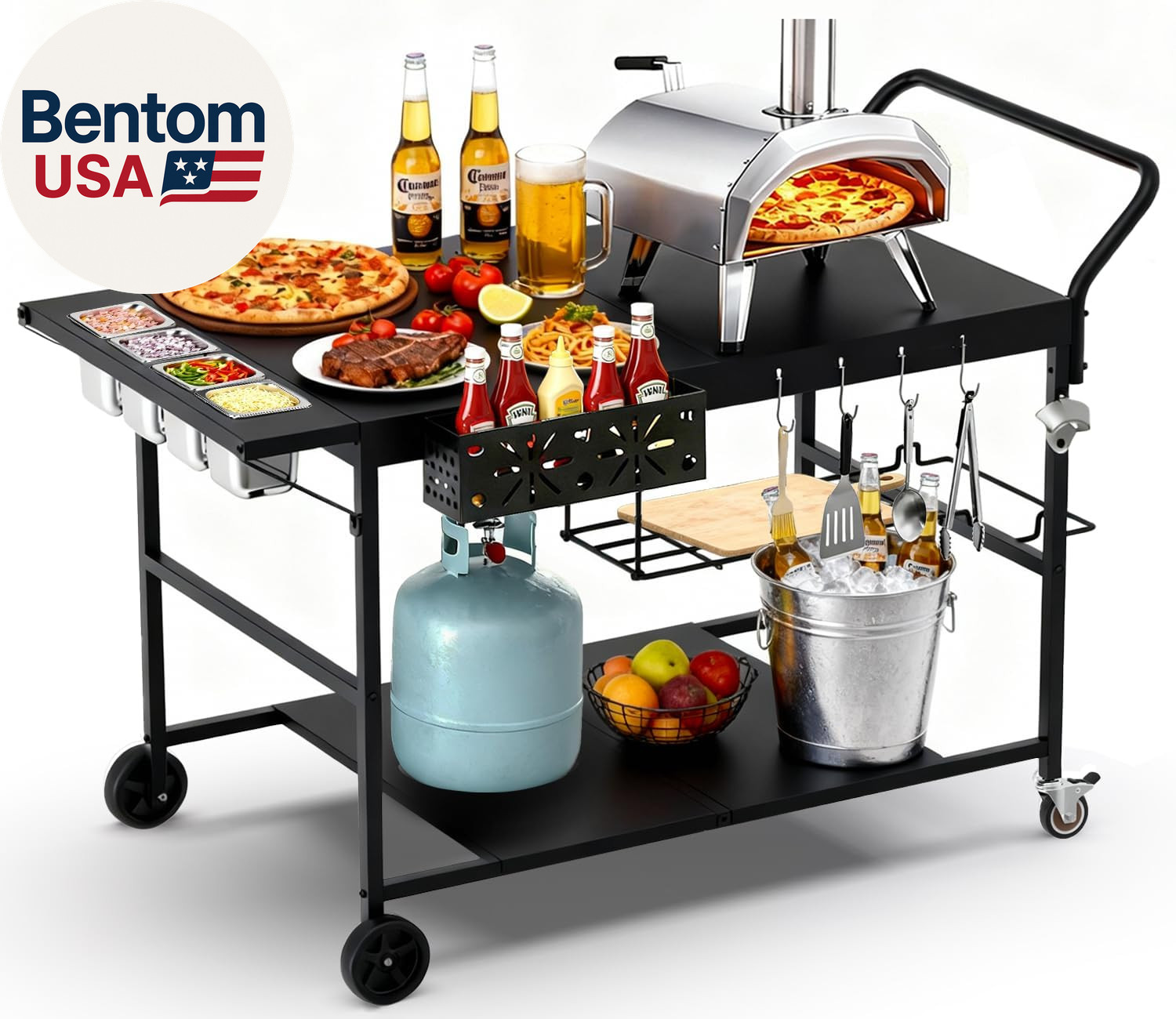 Pizza Oven Table with Topping Station, Outdoor Pizza Oven Cart, Grill Cart Table