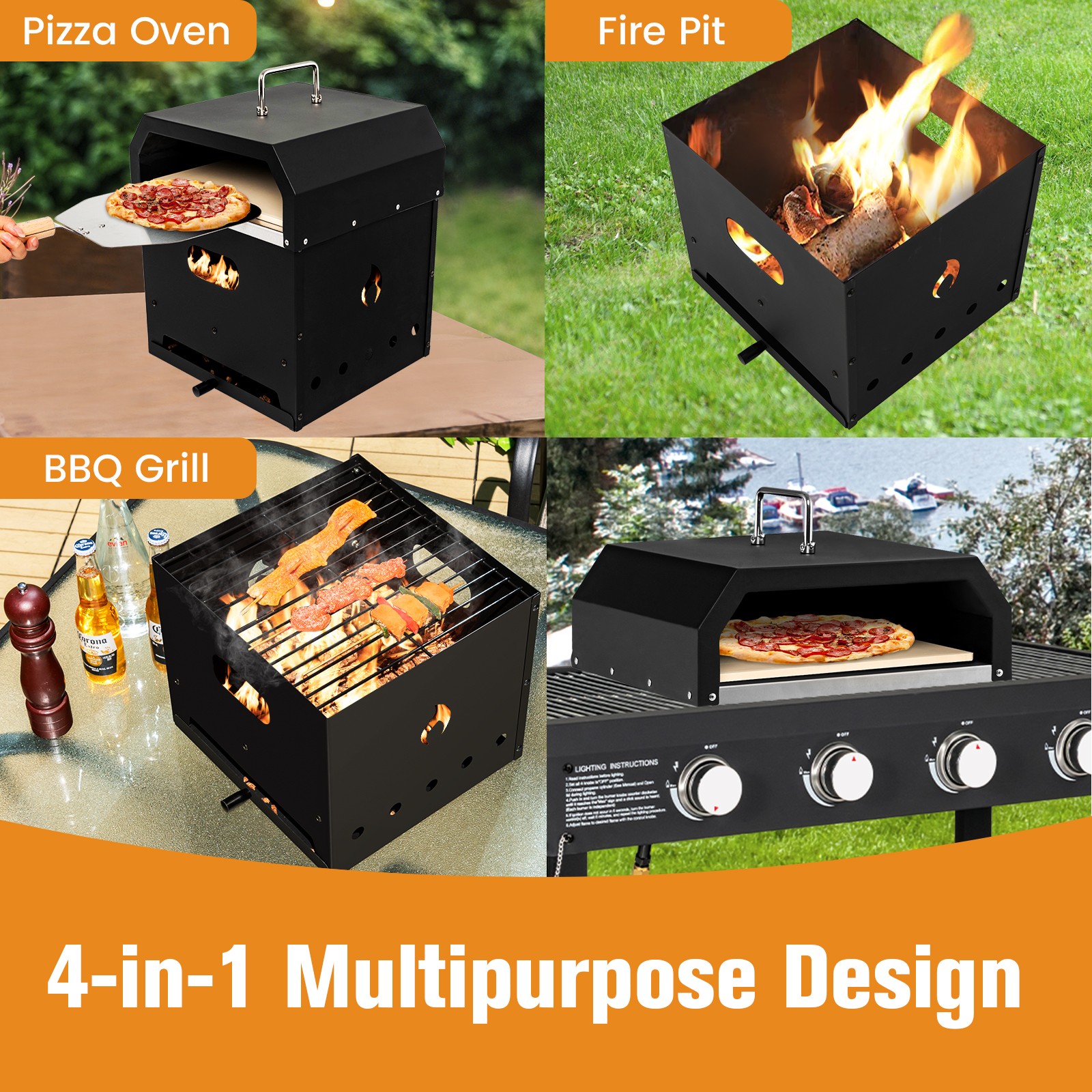 4-in-1 Multipurpose Outdoor Pizza Oven Wood Fired 2-Layer Detachable Oven