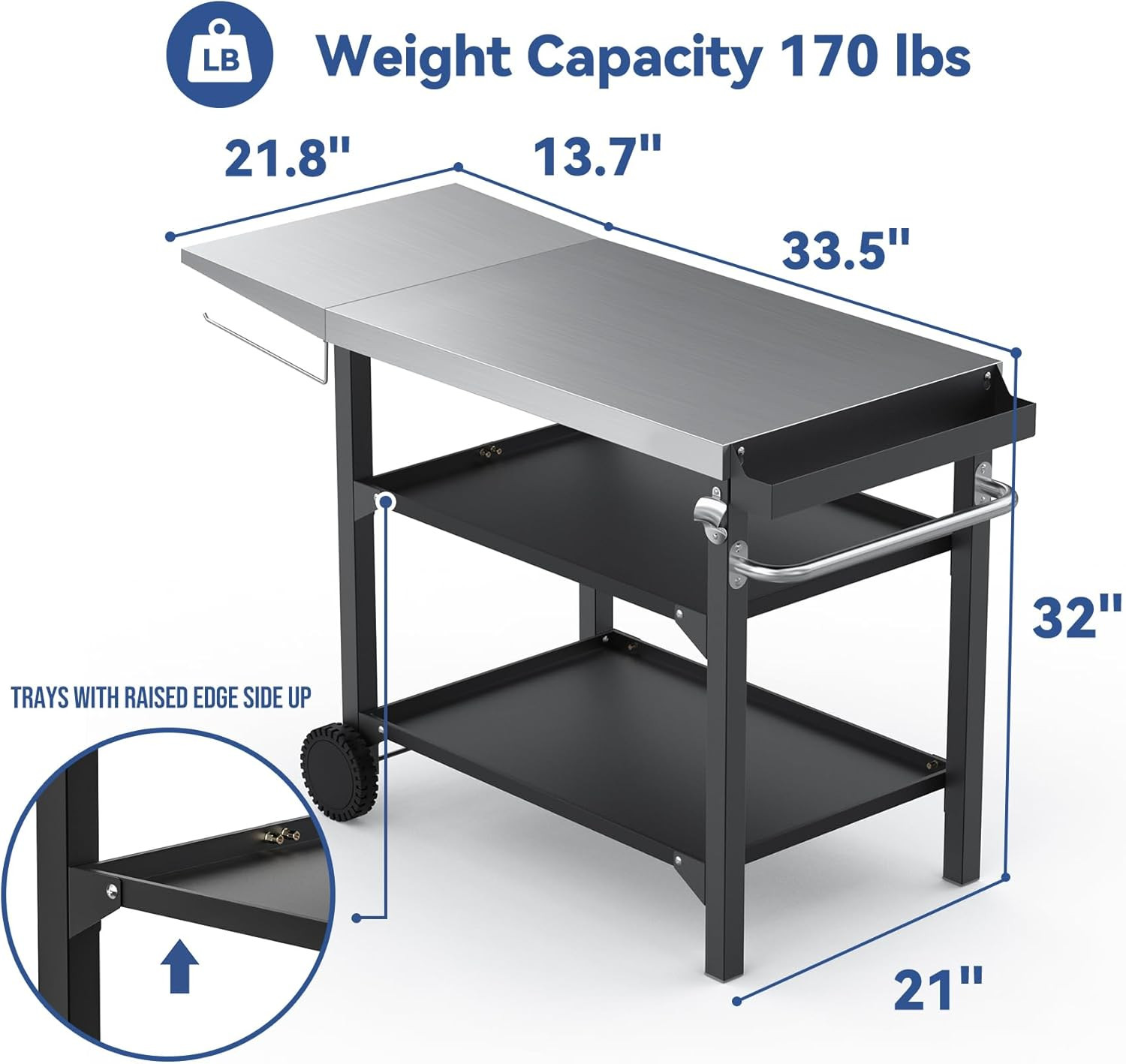 Heavy Duty Pizza Oven Table & BBQ Prep Cart, Stainless Steel Rolling Grill Cart
