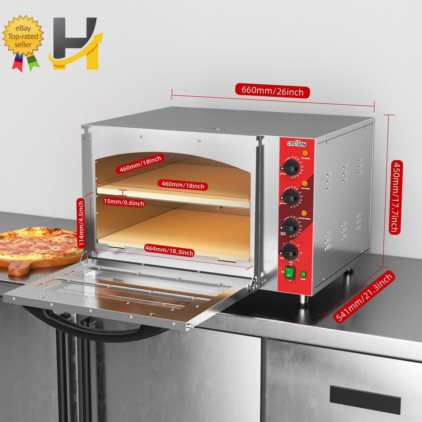Commercial Double Deck 18″ Countertop Electric Pizza Oven 15Mm Thick Pizza Stone