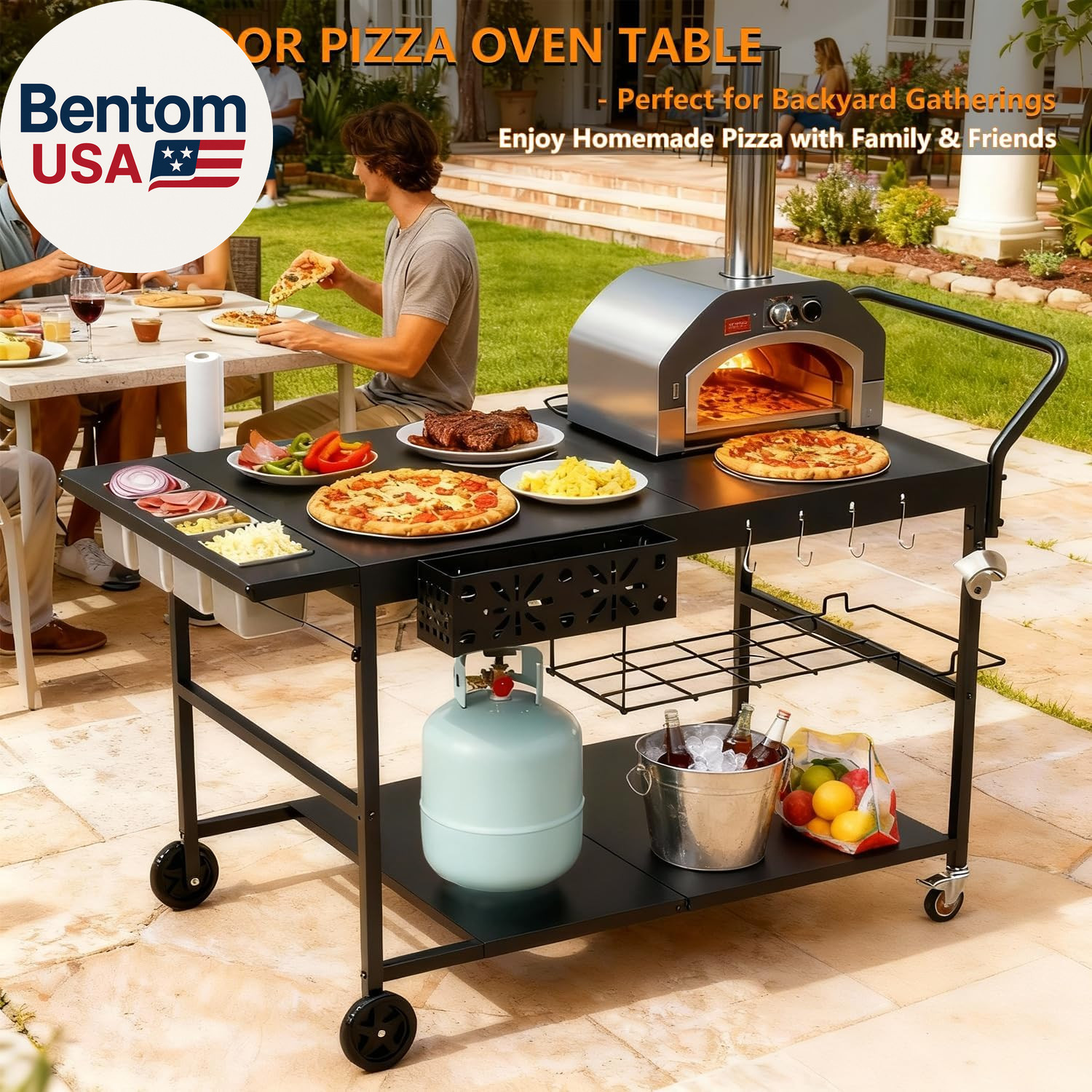 Pizza Oven Table with Topping Station, Outdoor Pizza Oven Cart, Grill Cart Table