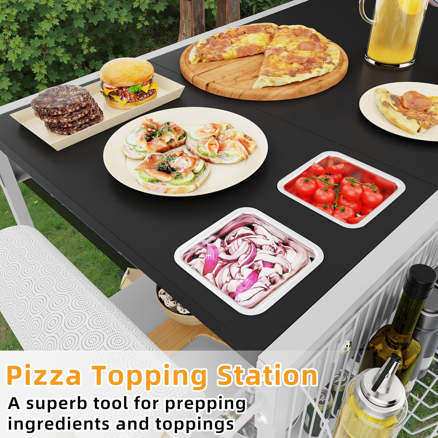 Vongrasig Pizza Oven Table with Topping Station, Patio Kitchen Island Outdoor Ba