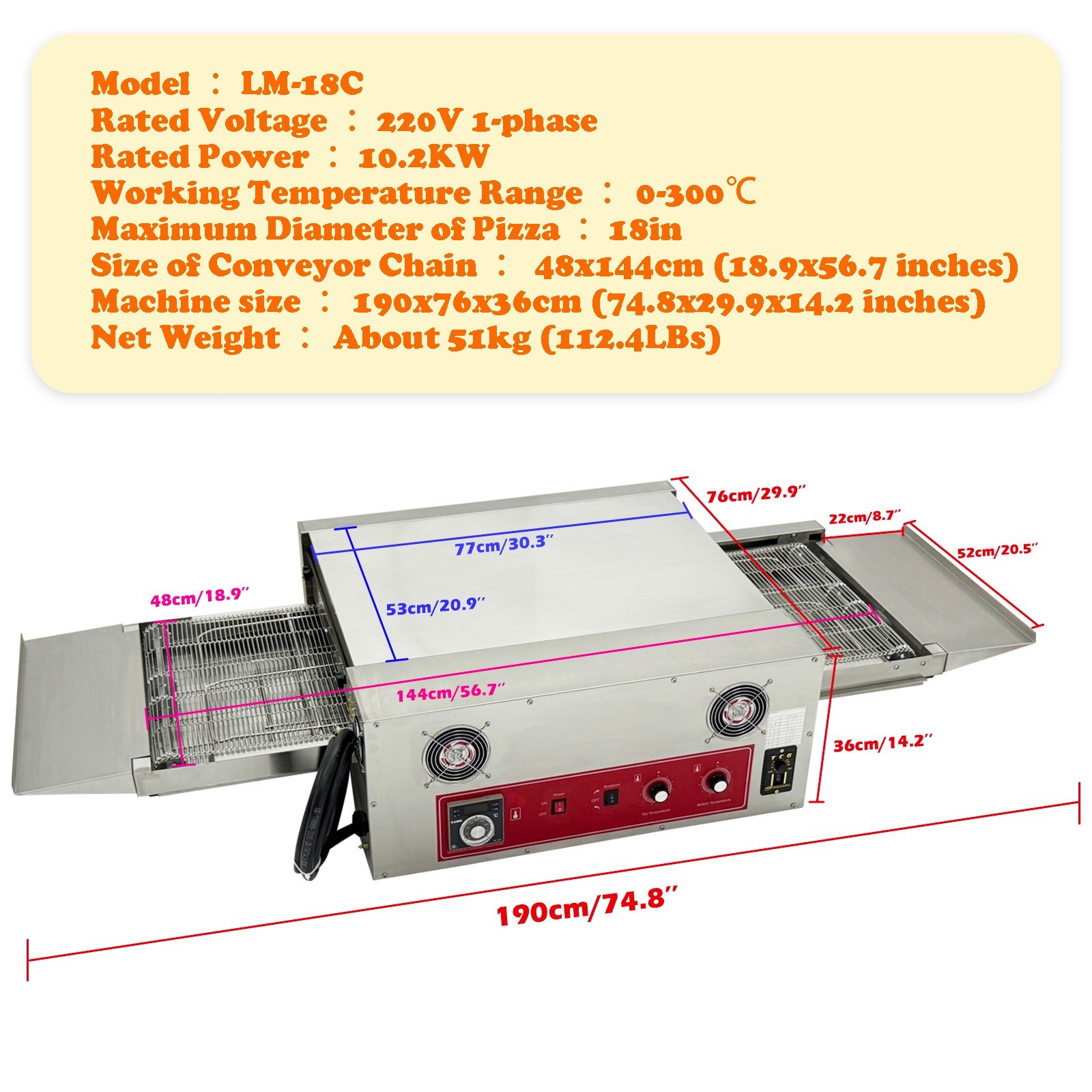 220V 18″ Countertop Chain-Type Electric Straight Tube Pizza Oven Baking Oven