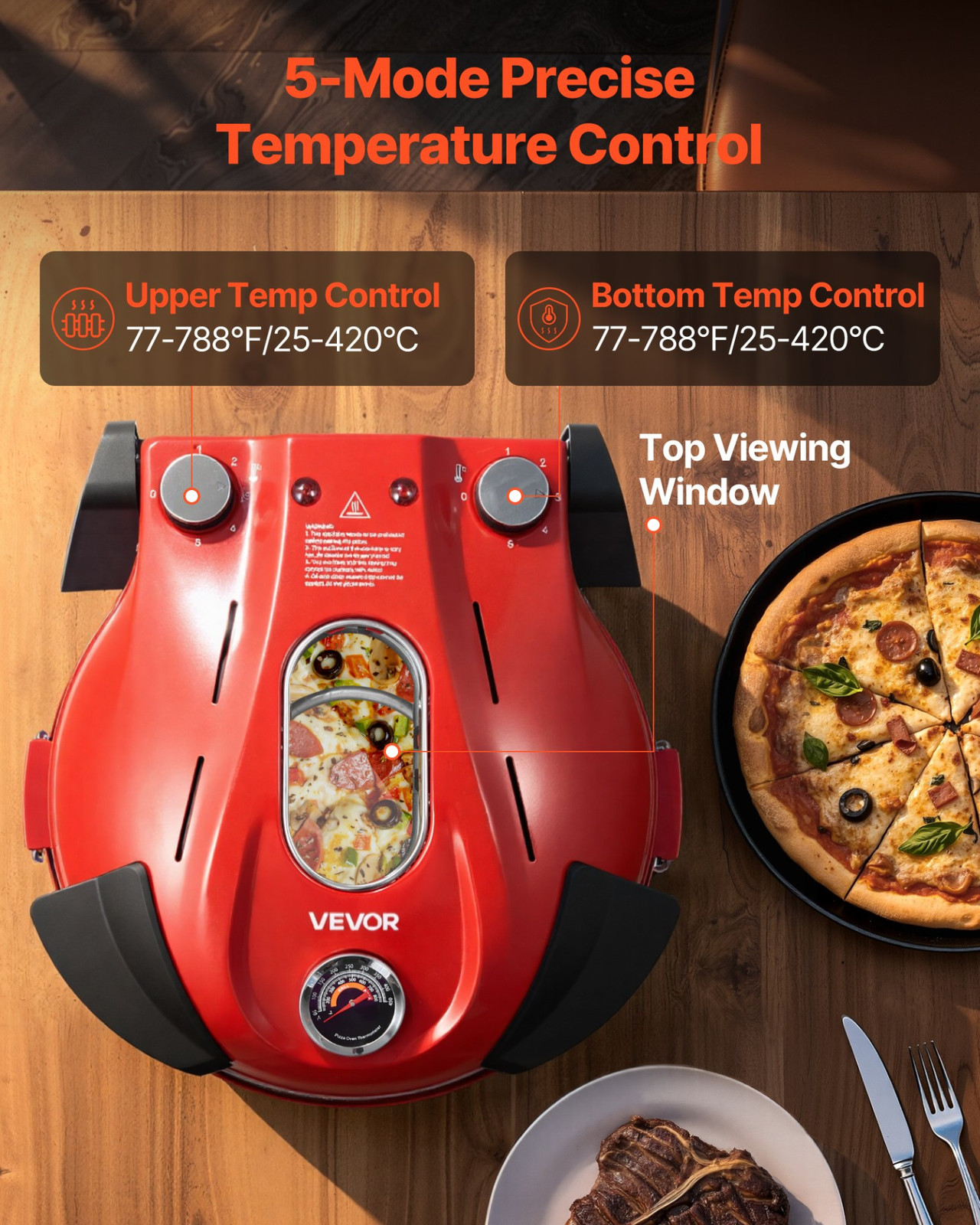 12″ Electric Pizza Oven 1200W Maker w/ Stone 5-Mode Temp Control for Home Red
