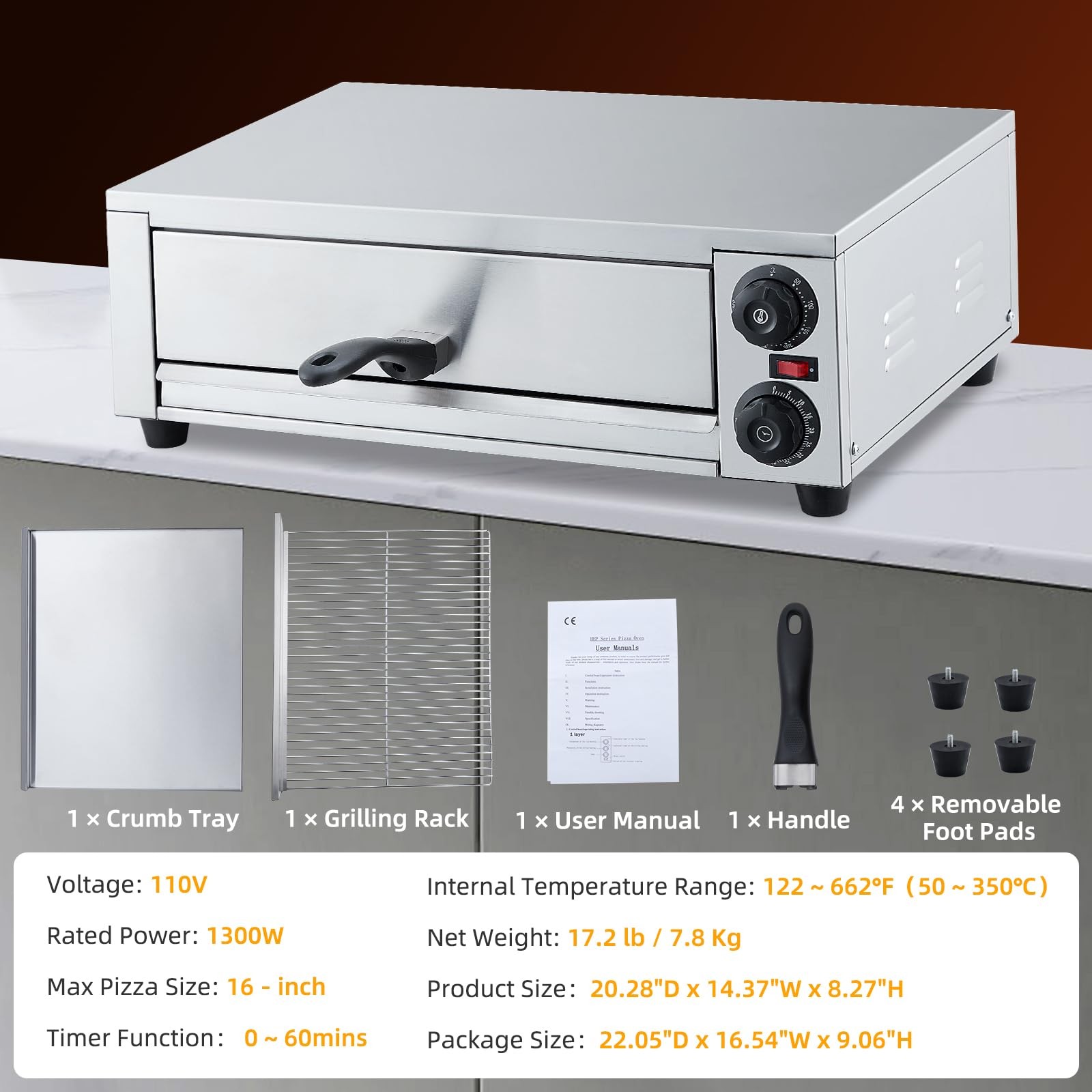 Commercial Pizza Oven Countertop 1300W Electric Pizza Maker,Fit 16″Pizza &Timer