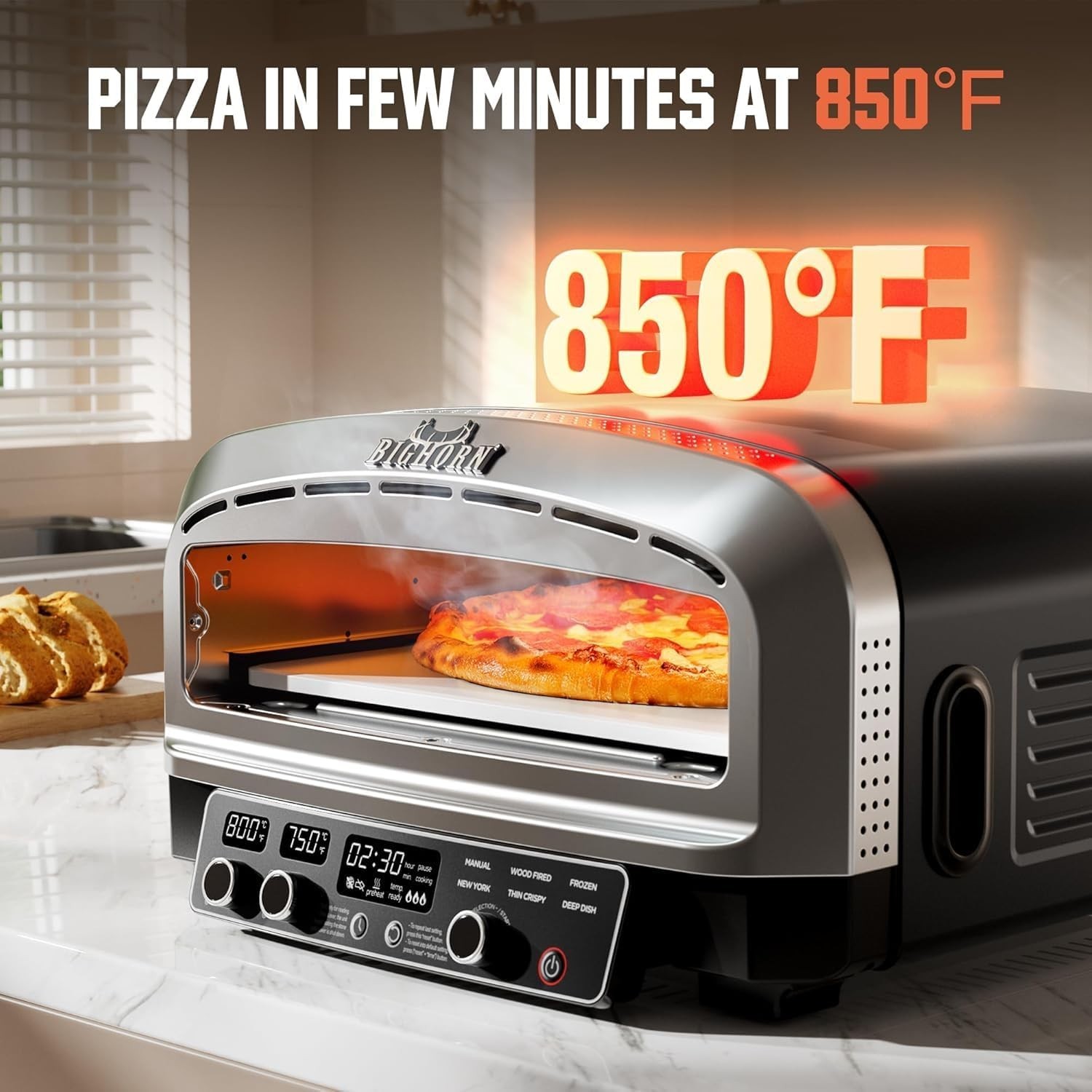 Space-Saving 14-Inch Countertop Pizza Oven with LED Display & Easy Clean Design