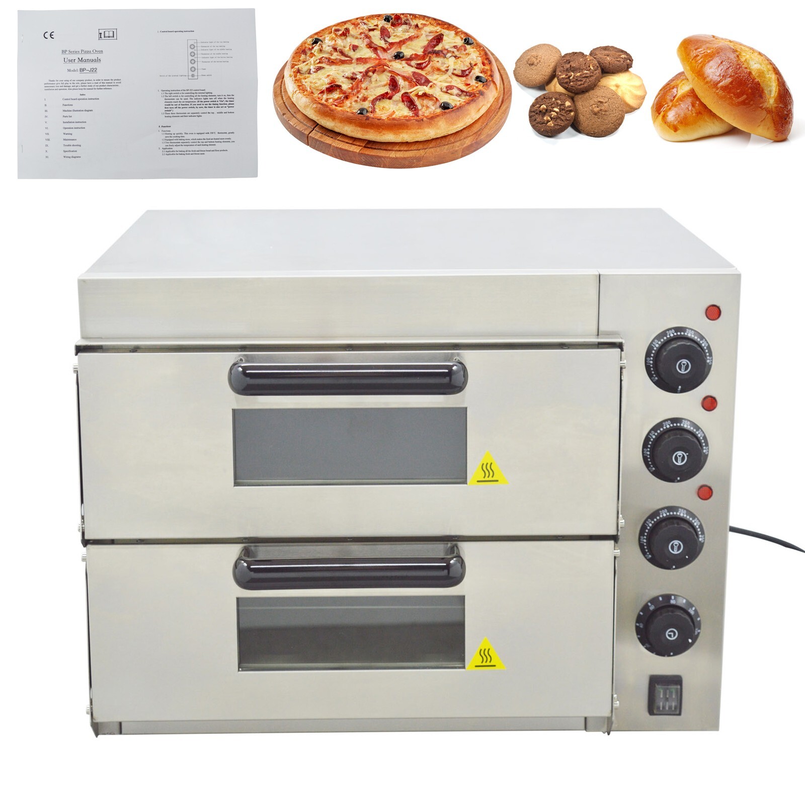 Commercial 220V 3KW Double-Decker 16″ Pizza Electric Oven with 2 Gypsum Board