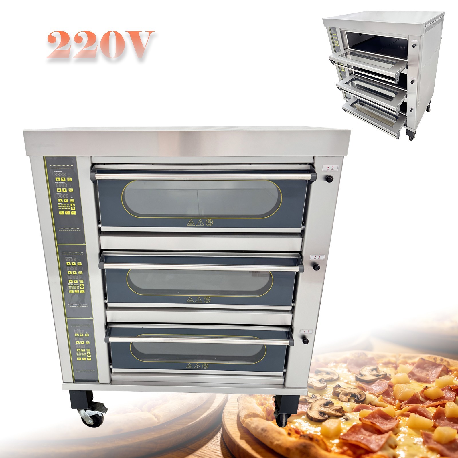 220V 3 Layers Commercial Electric Pizza Oven 3PH Movable Smart Pizza Oven