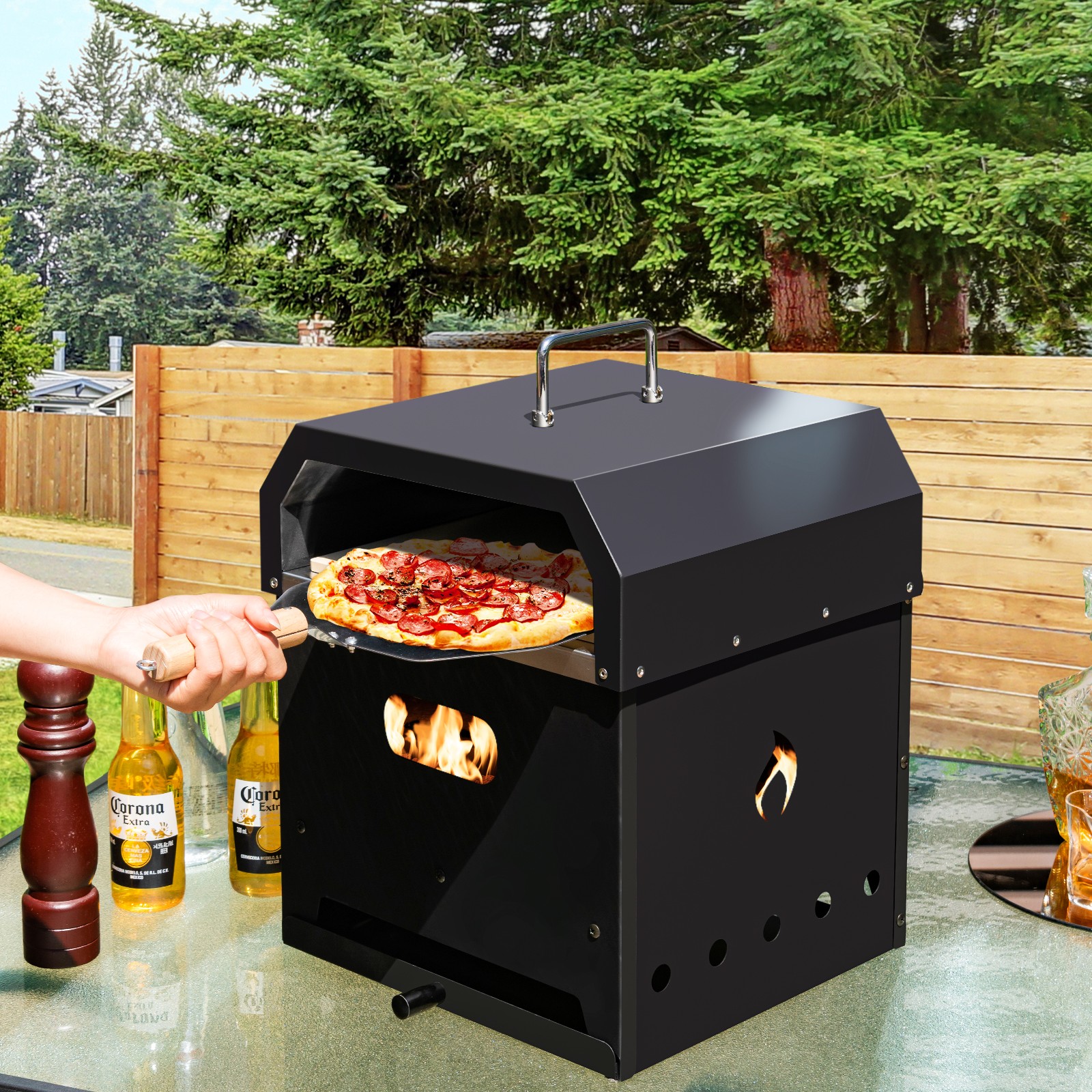 4-in-1 Multipurpose Outdoor Pizza Oven Wood Fired 2-Layer Detachable Oven