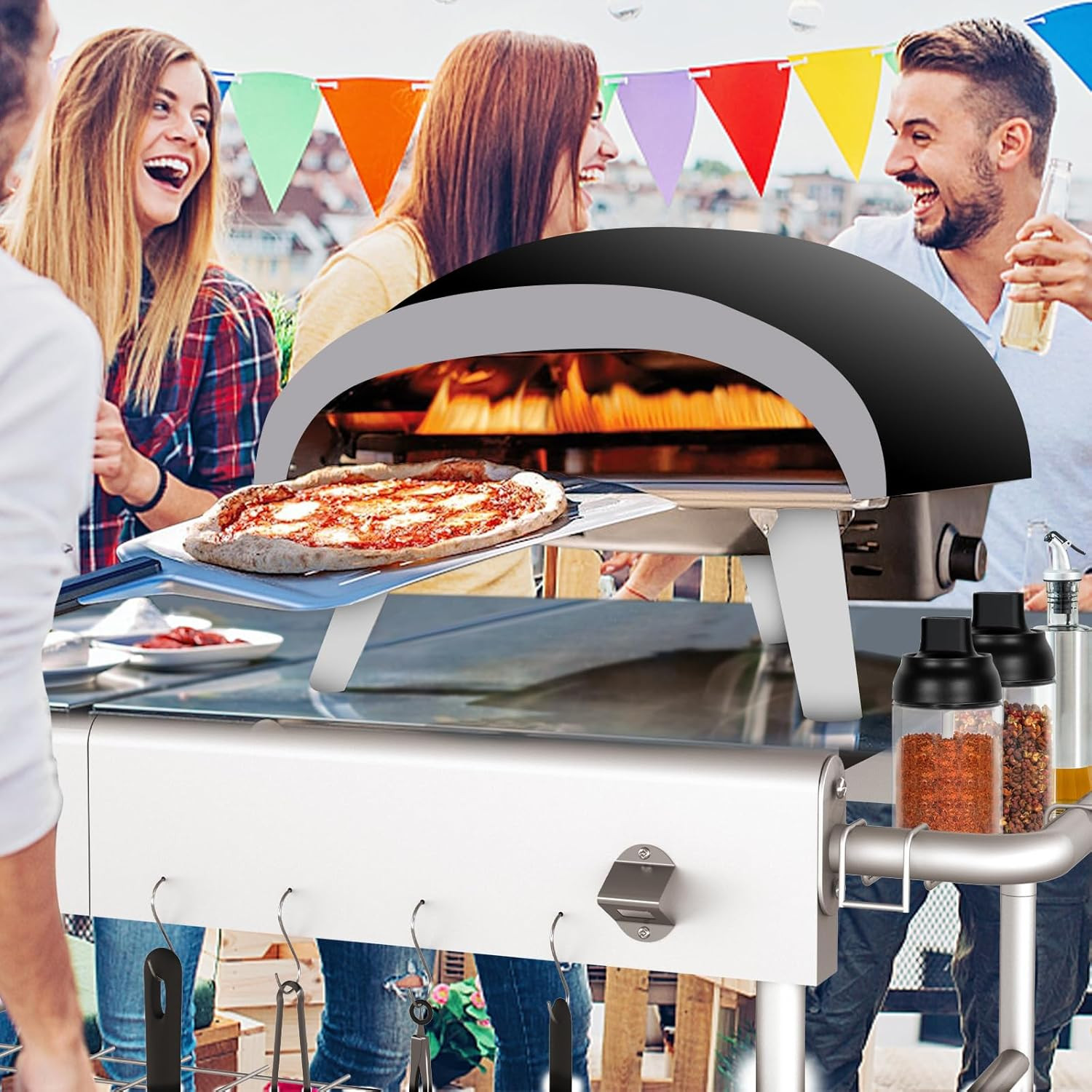 Pizza Oven Table Grill Cart with Pizza Topping Station Movable Food and Prep Wor