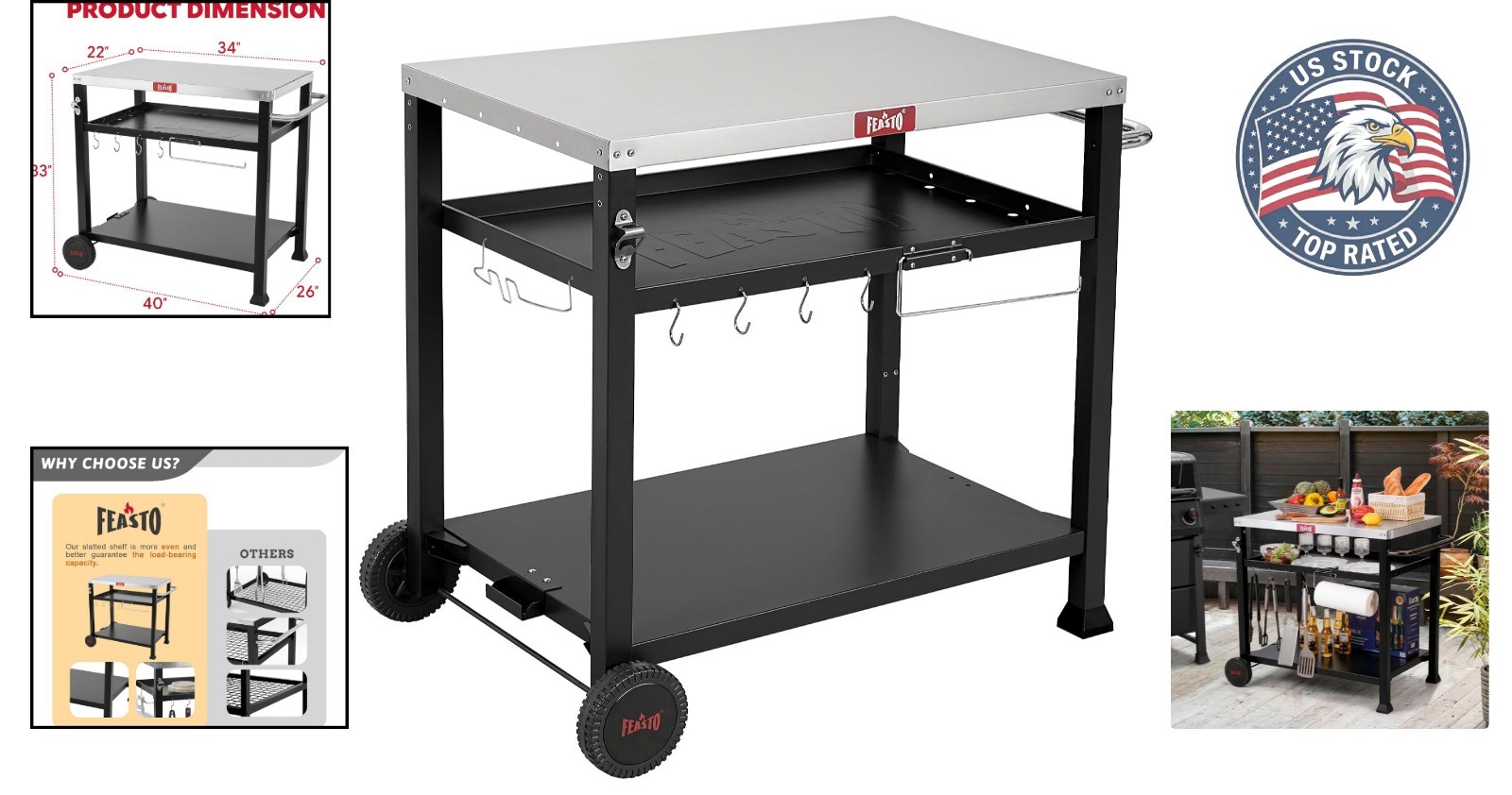 3-Shelf Outdoor Grill Cart & Pizza Oven Table – Elegant Black Steel Prep Station