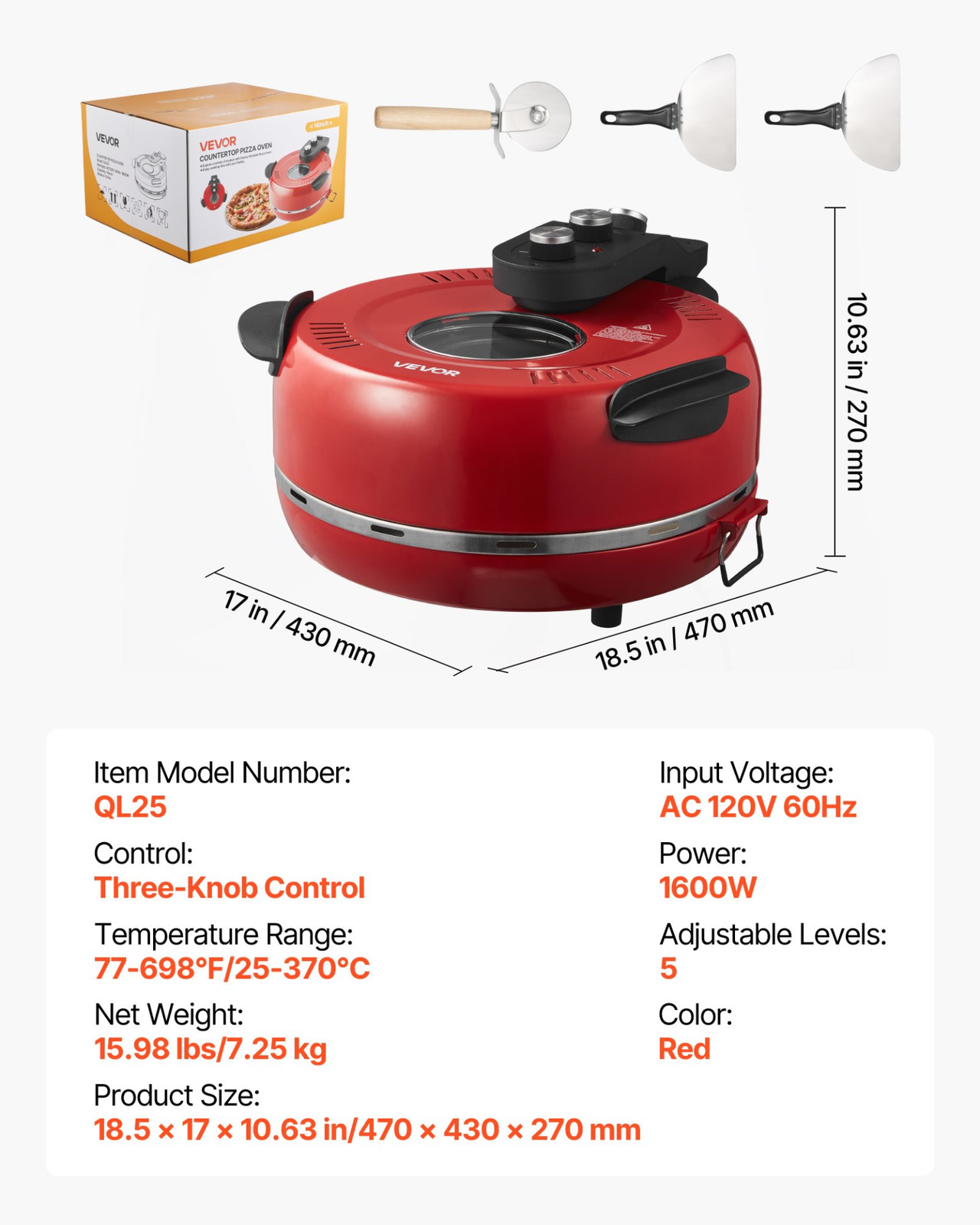 14″ Electric Pizza Oven 1600W Maker w/ Stone 5-Mode Temp Control for Home Use
