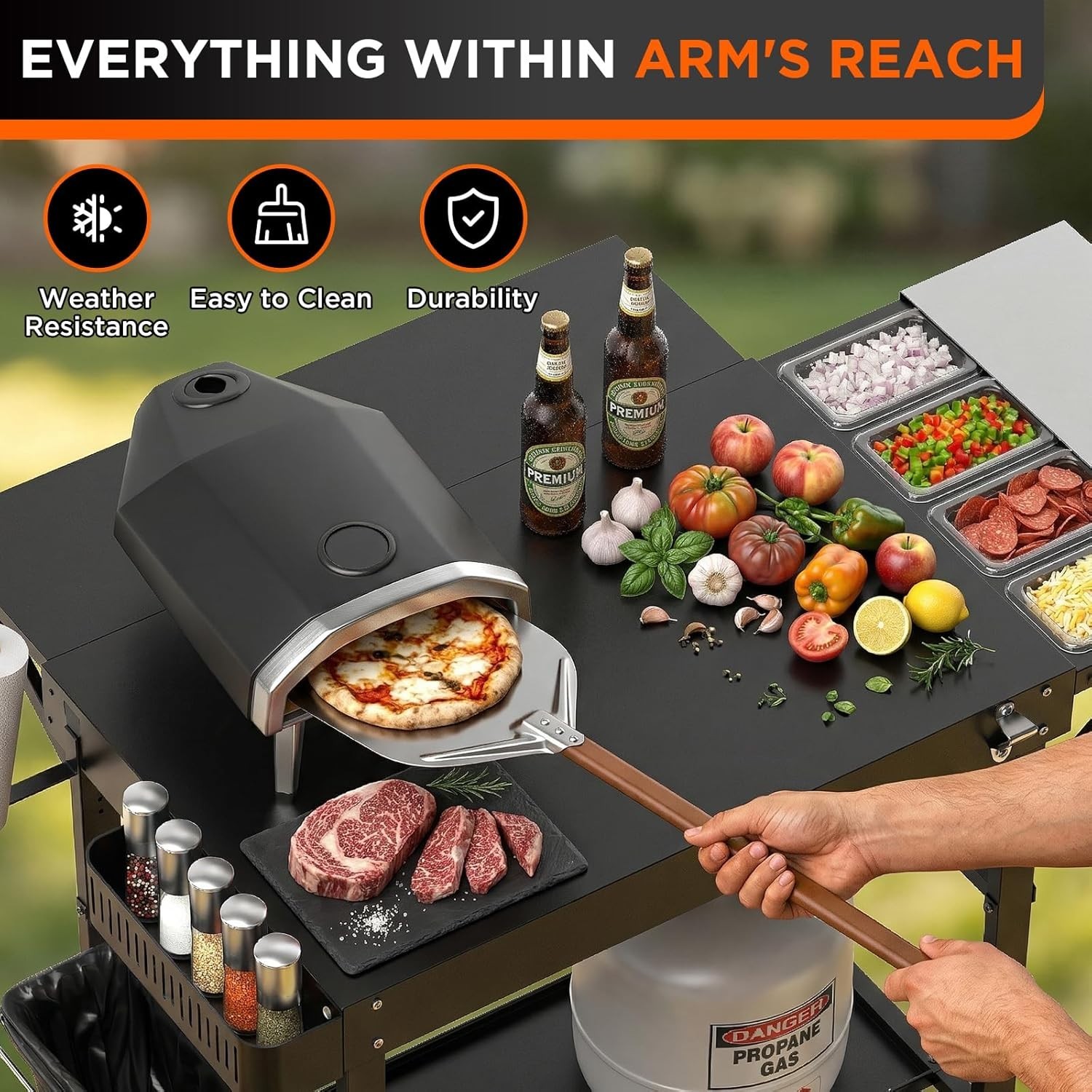 Heavy Duty Grill Cart with Topping Station – 450lbs Capacity