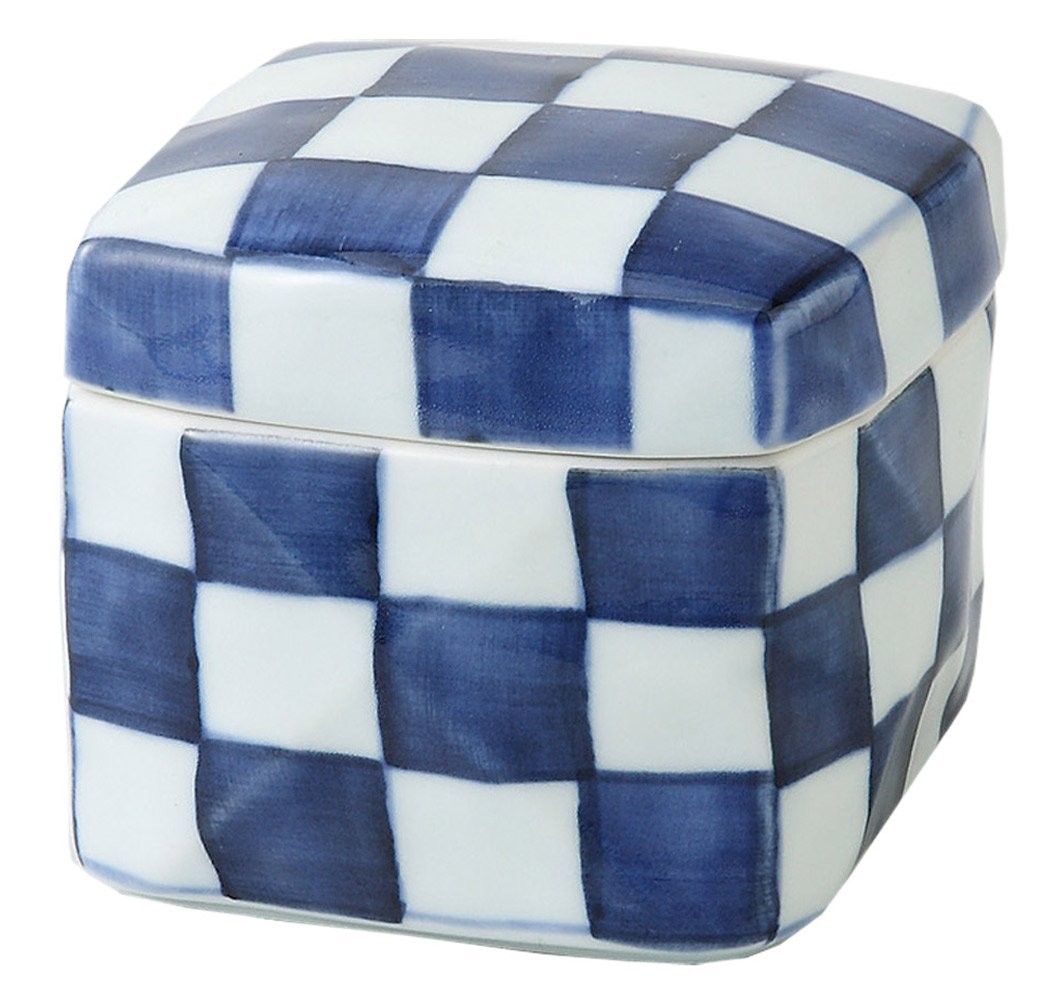 Hasami Ware Square Ceramic Box (Medium) Blue and White Checkered Pattern 63038