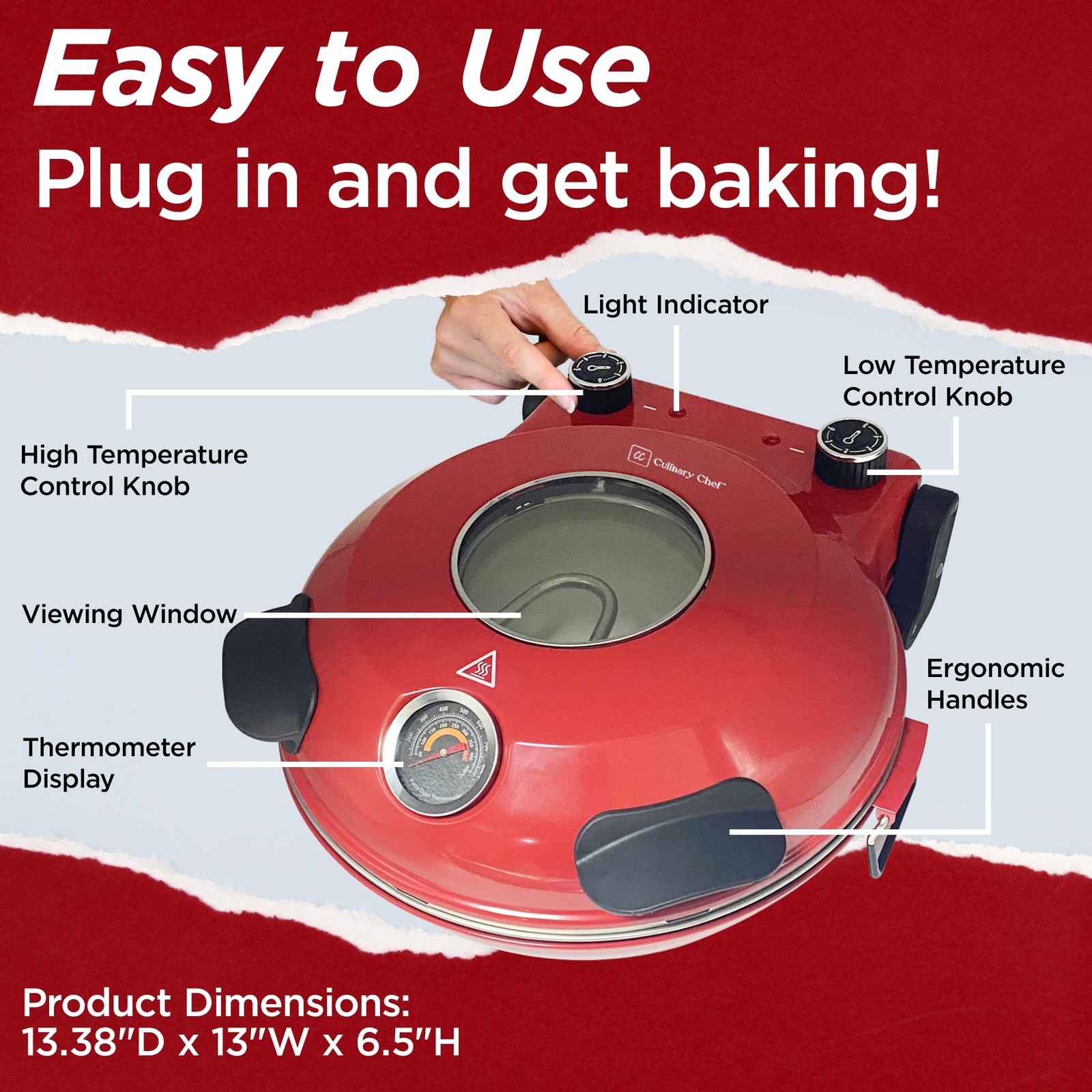 CULINARY CHEF Electric Pizza Oven with Ceramic Stone, Viewing Compact, Red