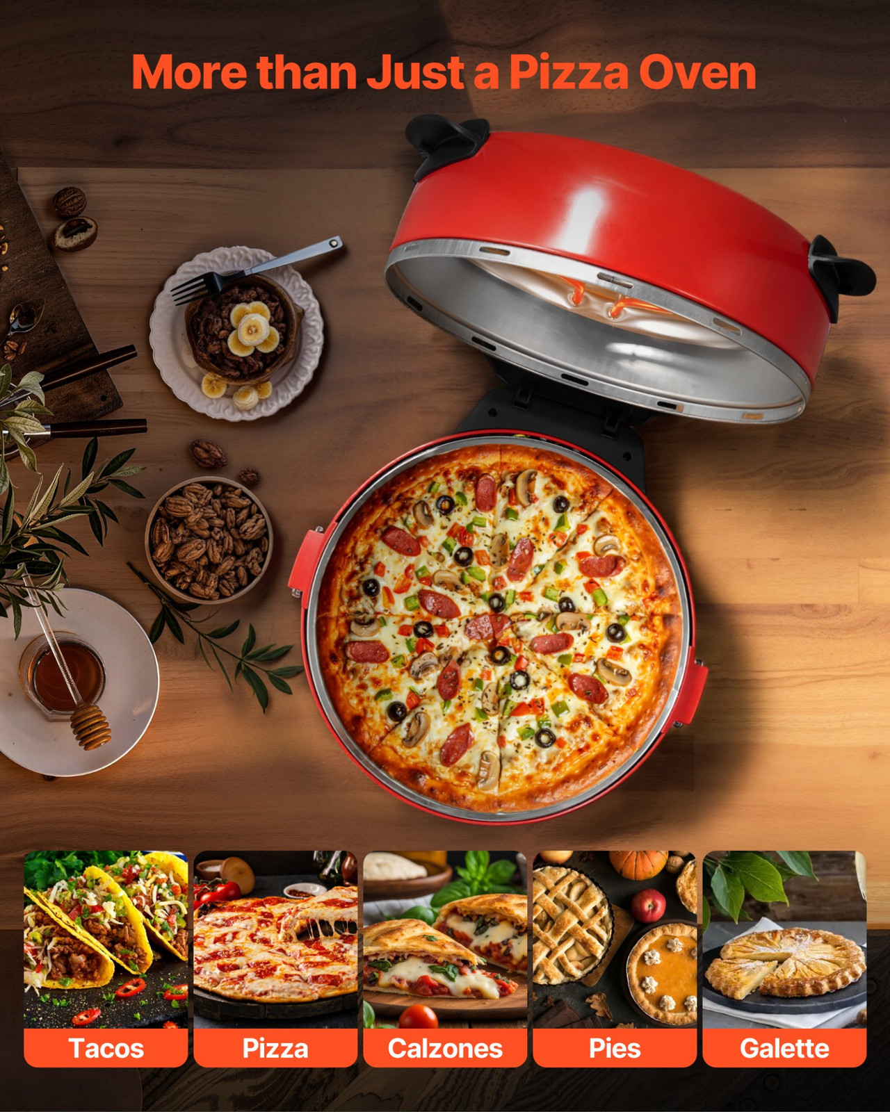 14″ Electric Pizza Oven 1600W Maker w/ Stone 5-Mode Temp Control for Home Use