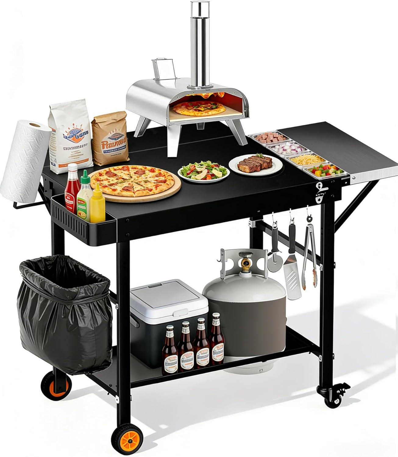 Outdoor Pizza Oven Table with Topping Station, Portable Pizza Oven Cart with BBQ