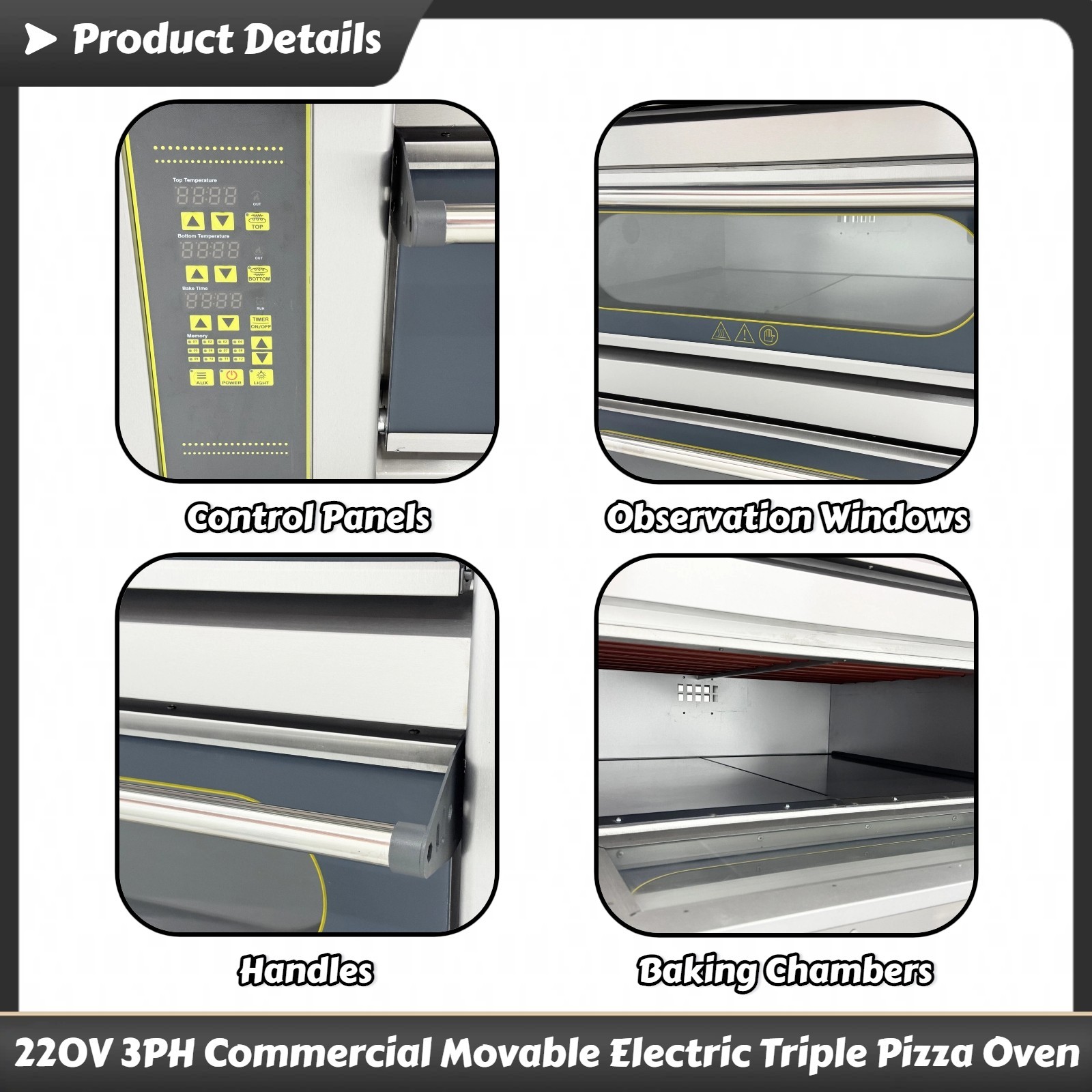 Commercial 220V 3-phase 19.8KW Movable Electric Three-Layer Pizza Oven