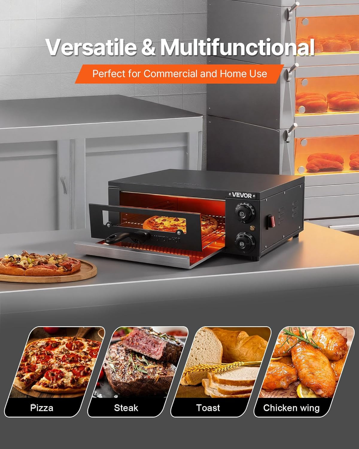 Electric Pizza Oven, 12 in Countertop Pizza Oven, 77 to 572°F Temp Range, 1450W