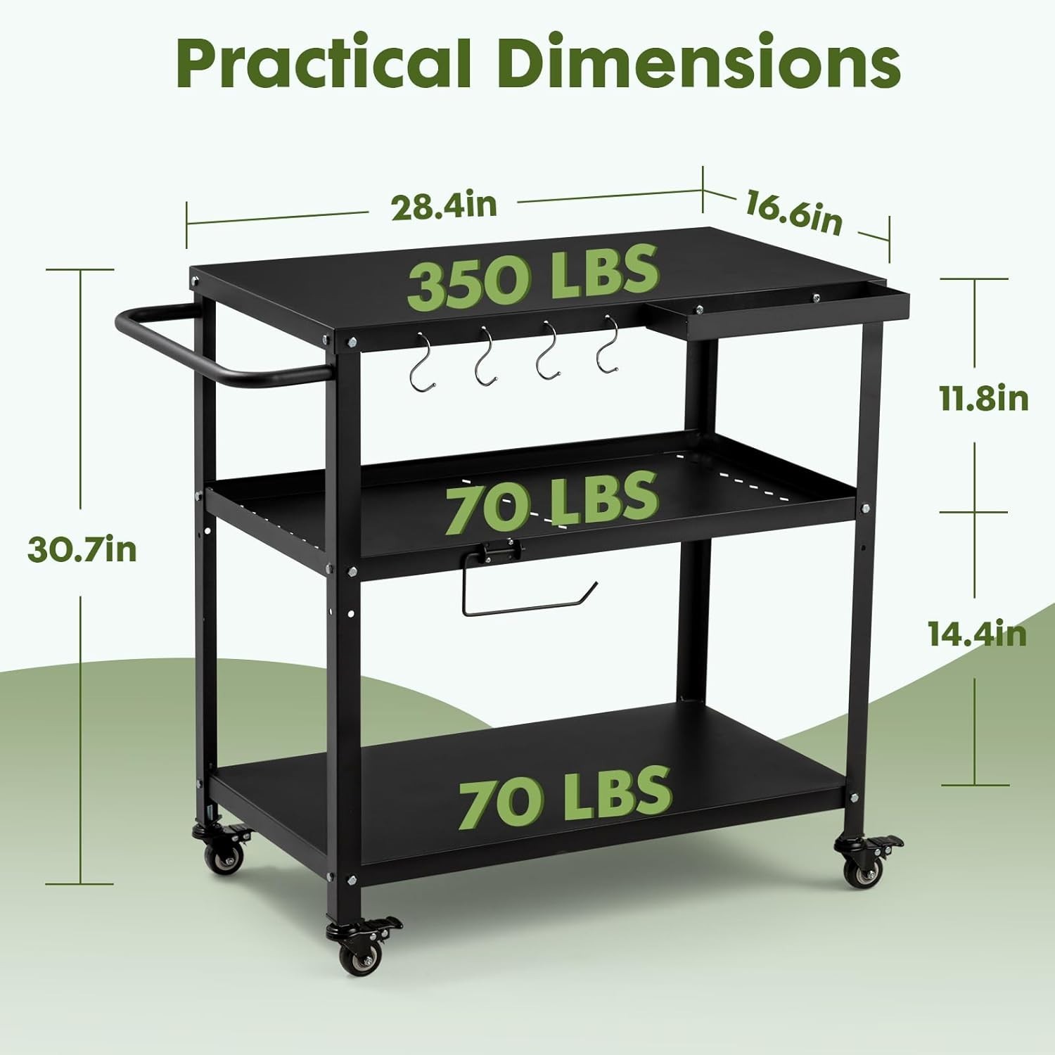 Black Iron Outdoor & Indoor Grill Cart with Lockable Casters & Hooks